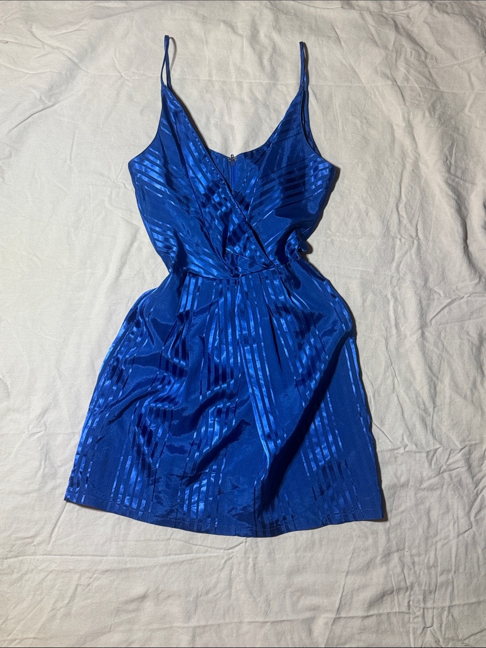 Blue Satin Slip Dress with V-Neck